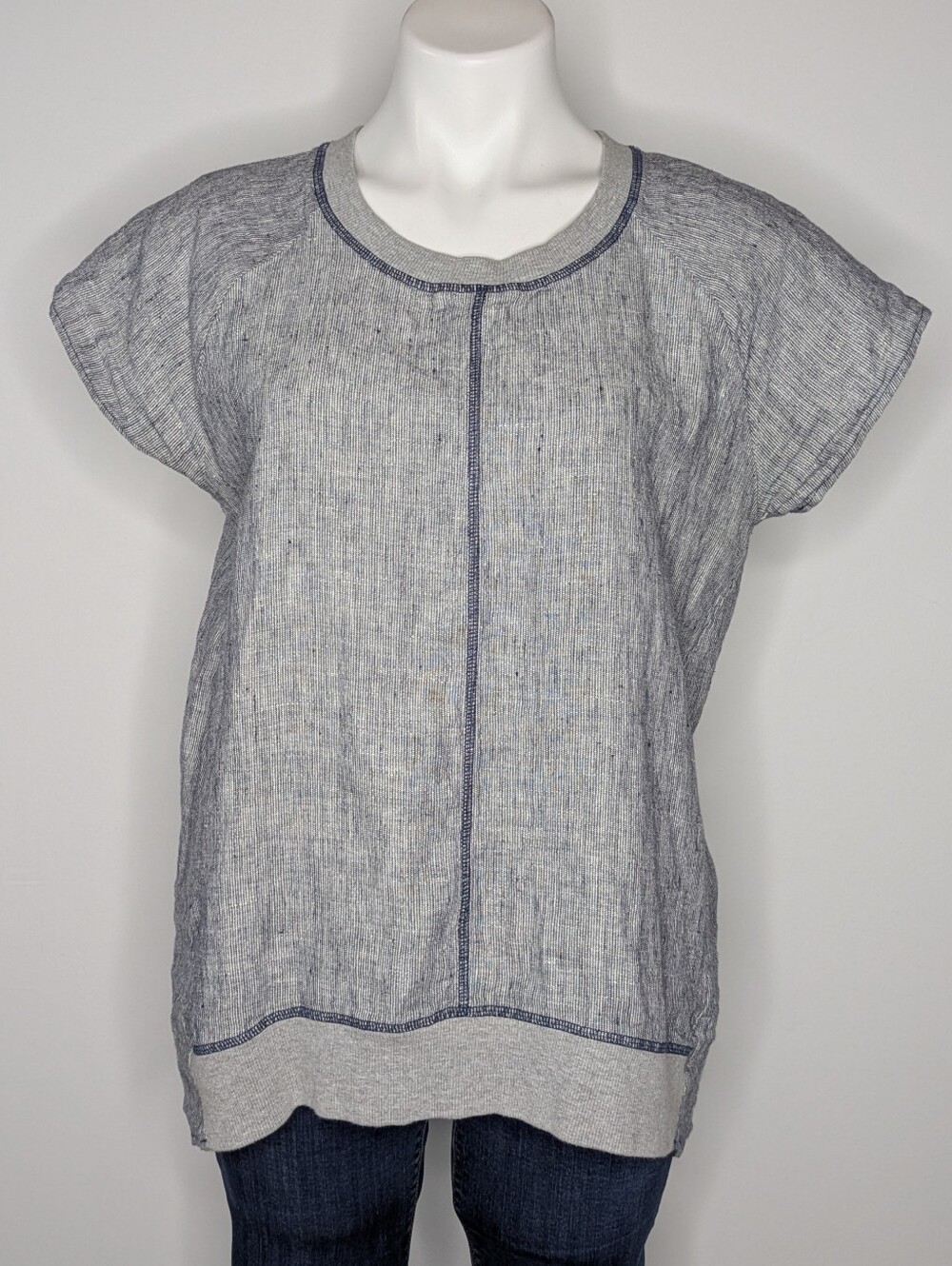 Foil Blue Grey Woven Short Sleeve Oversized Lagenlook Linen Top 6